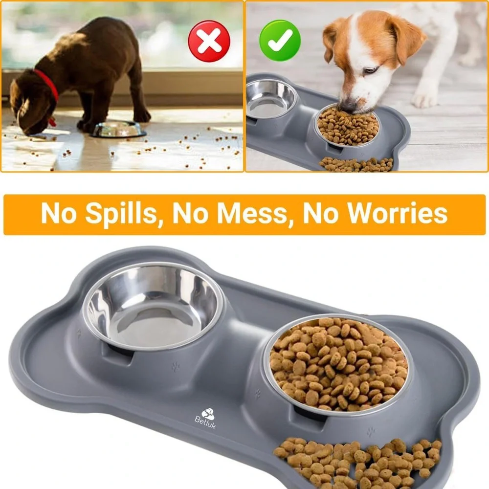 Dog Cat Double Bowl Puppy Food Water Feeder Stainless Steel Pets Drinking Dish